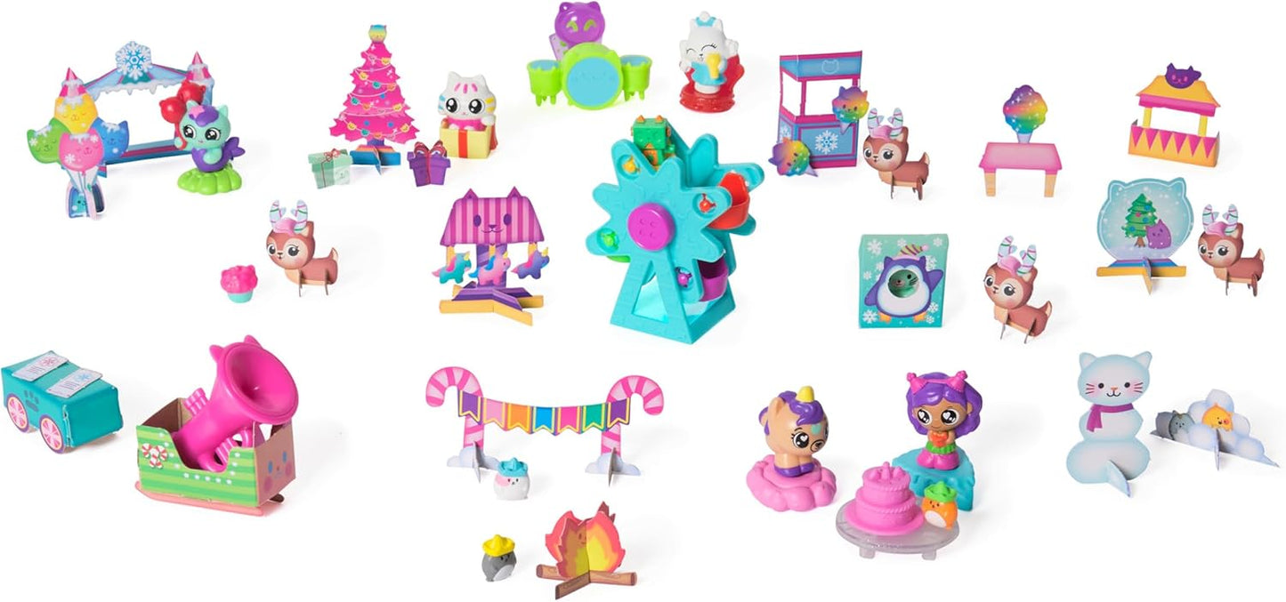 Collection of colorful toy figures and accessories on a white background
