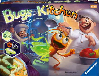 Board game box titled 'Bugs in the Kitchen' with cartoon chefs and a HEXBUG nano logo.