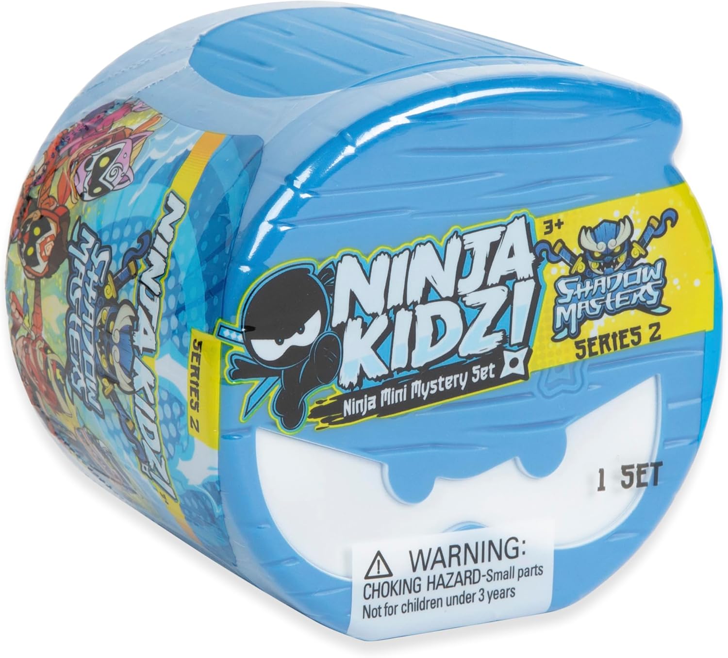 Toy packaging for 'Ninja Kidzi! Shadow Masters' with blue lid and colorful design.
