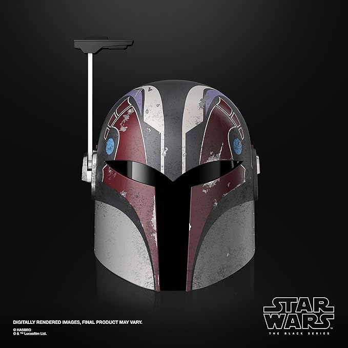 Star Wars Sabine Wren's helmet with black, red, and gray design on a dark background