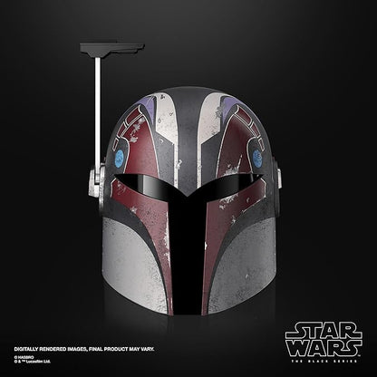 Star Wars Sabine Wren's helmet with black, red, and gray design on a dark background