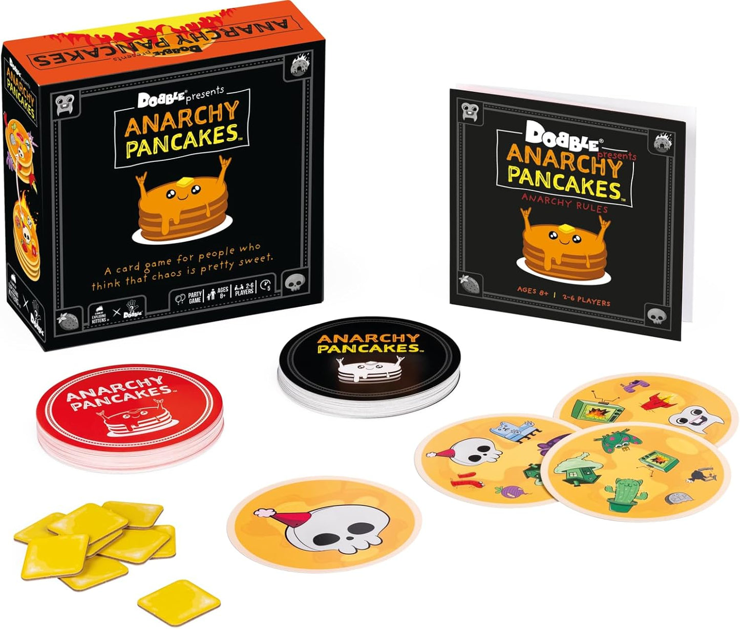 Anarchy Pancakes card game packaging and components on a white background