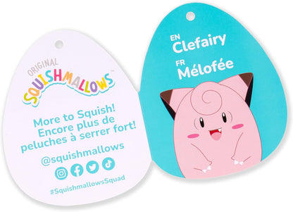 Two Squishmallows product tags, one white with text and the other blue with a character illustration.