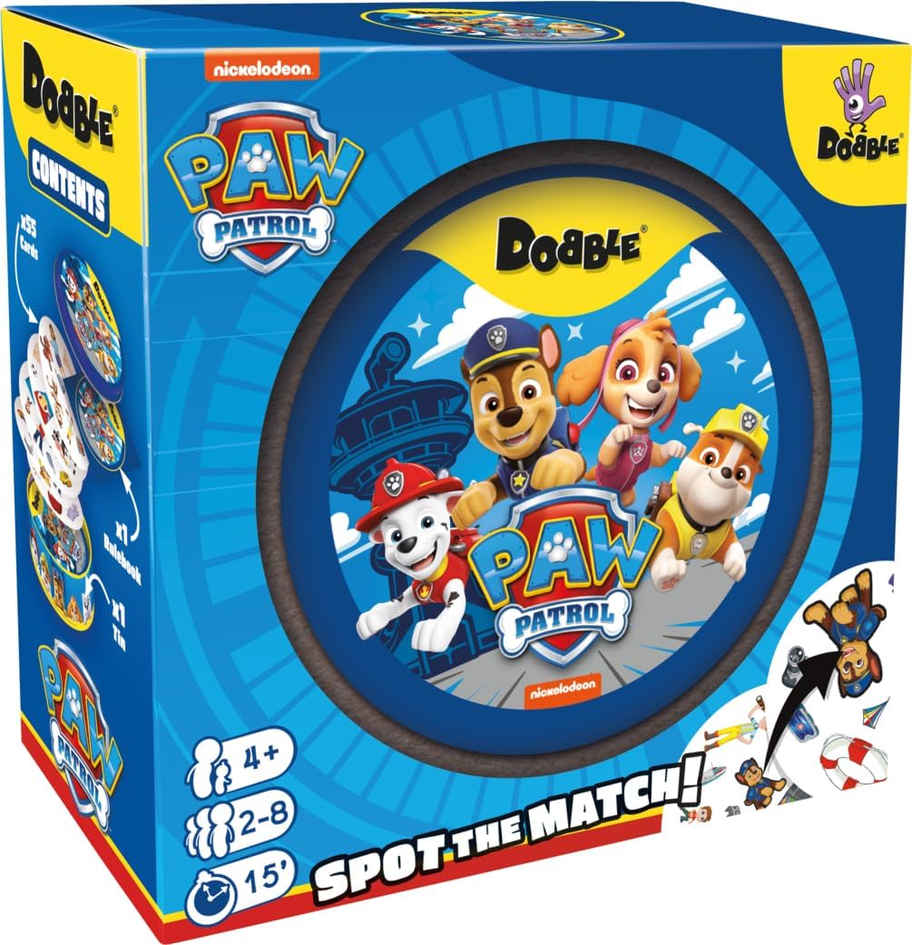 Paw Patrol Dobble game box with cartoon characters on a blue background