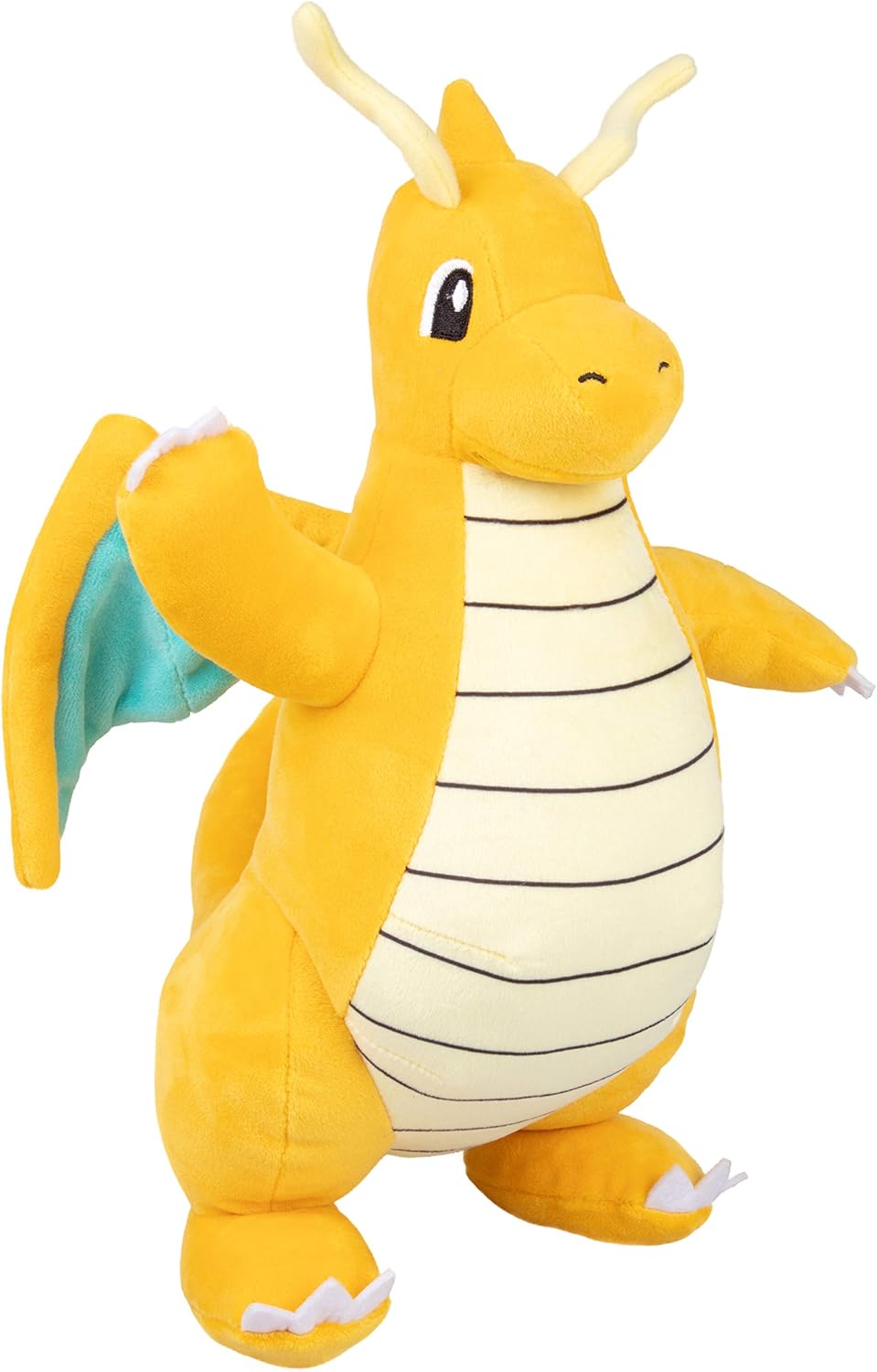 Dragonite Plush toy of a dragon-like creature with yellow body and white belly on a white background