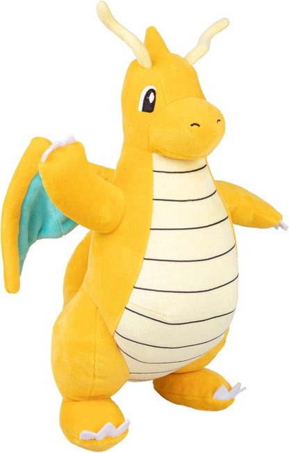Dragonite Plush toy of a dragon-like creature with yellow body and white belly on a white background