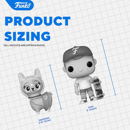Funko Pop! figures with measurements on a grid background