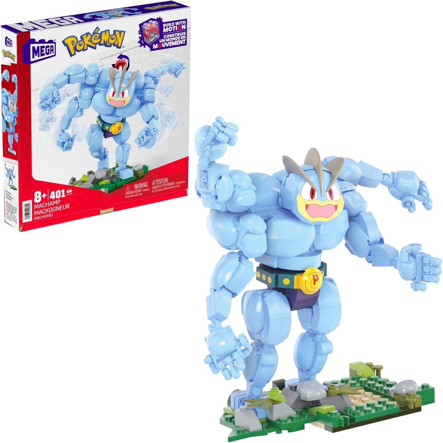 Machamp Blue robot-like figure with a yellow belt and red eyes, next to its packaging