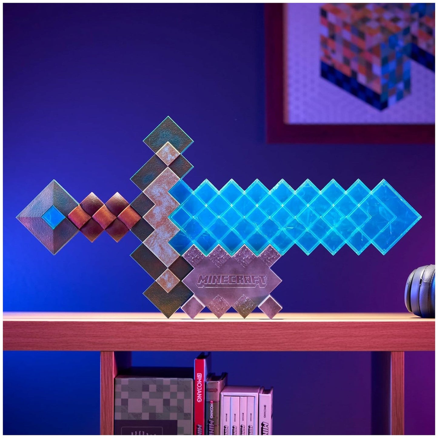 Colorful Minecraft-themed decorative item on a shelf with a blue background