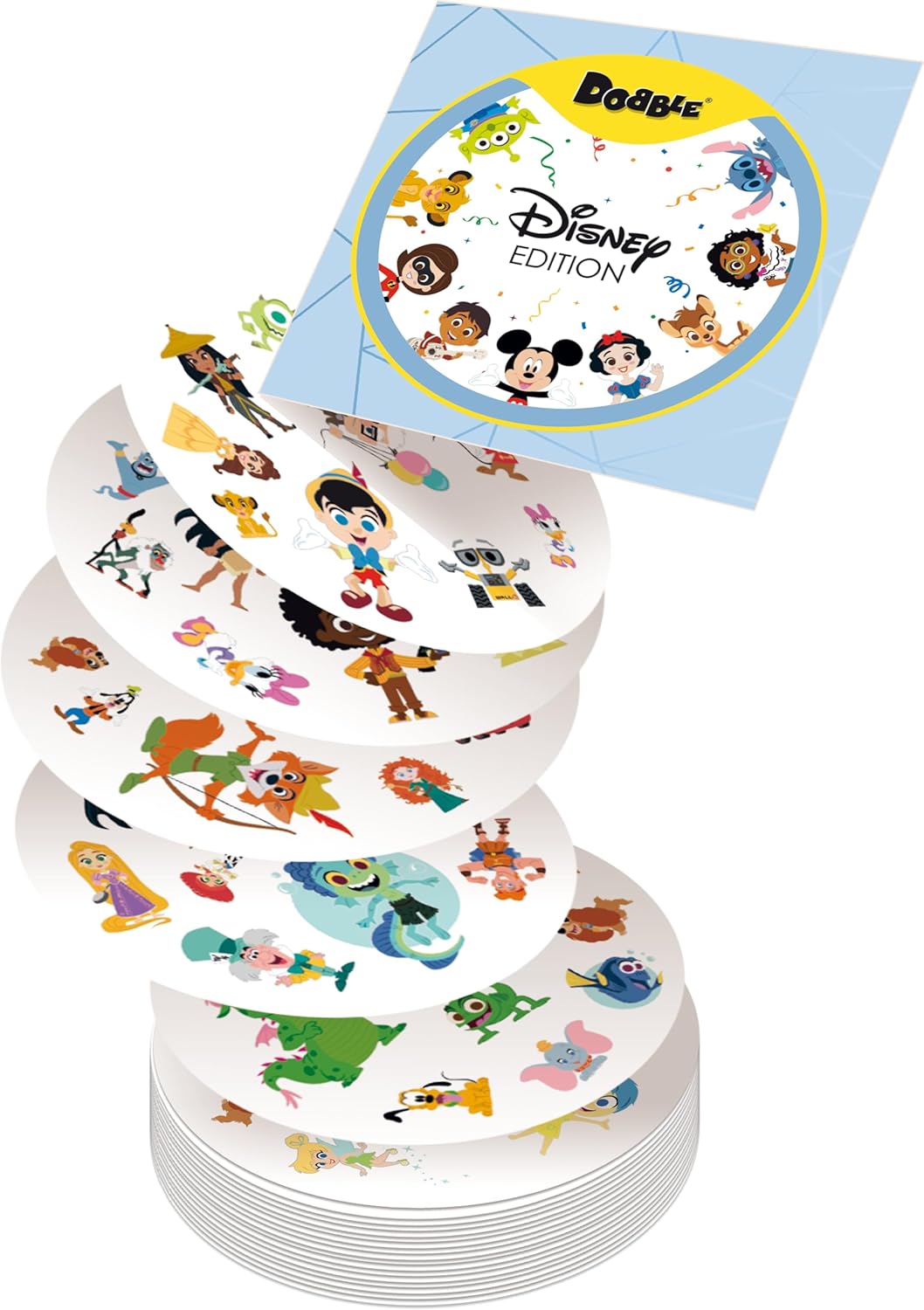 Stack of Disney-themed stickers with a circular Disney logo on a white background