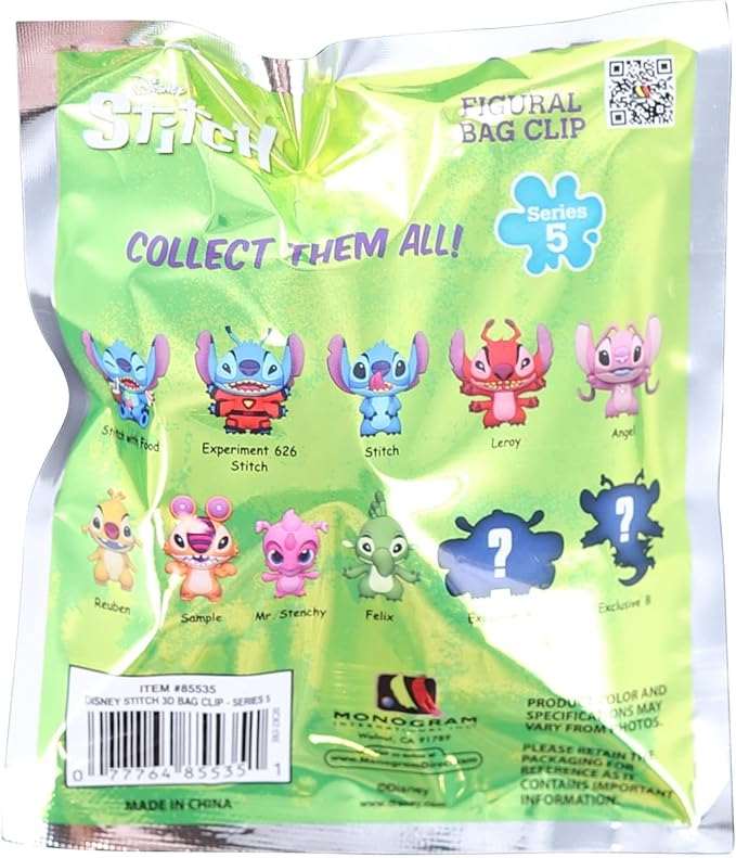 Green packaging of a Disney Stitch collectible bag clip with character illustrations and text.