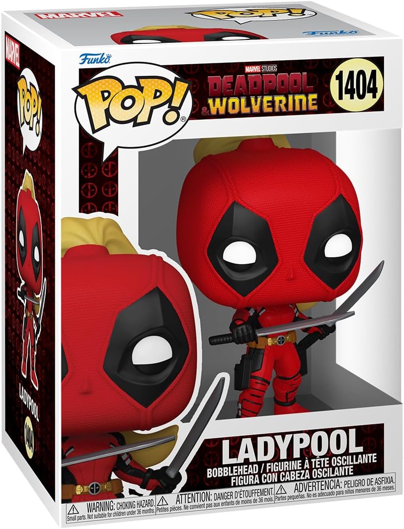 Funko Pop! vinyl figure packaging featuring Ladypool, a character from Marvel Comics, with red and black design.