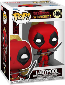 Funko Pop! vinyl figure packaging featuring Ladypool, a character from Marvel Comics, with red and black design.