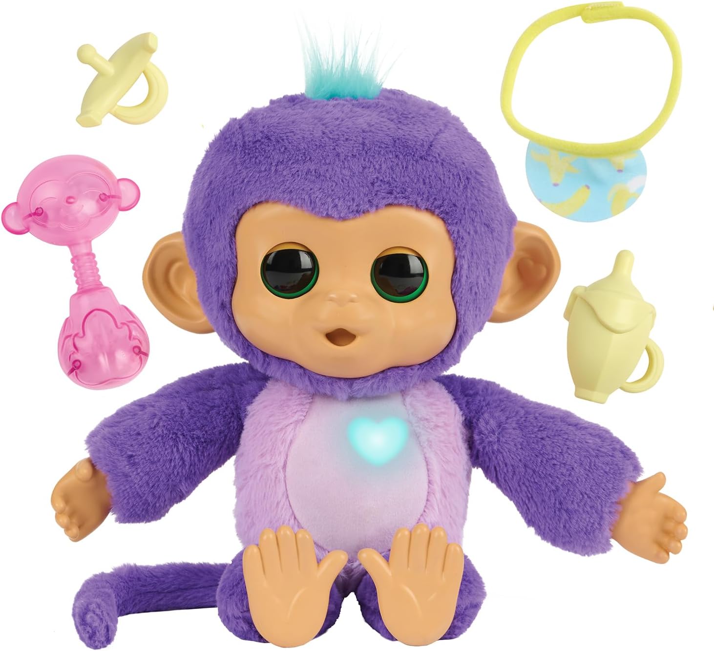 Purple toy monkey with accessories on a white background