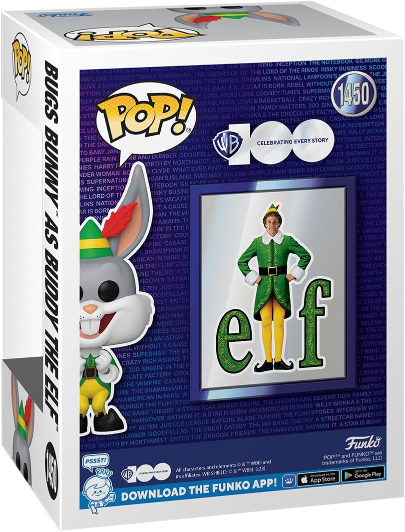 Funko Pop! packaging featuring Bugs Bunny and Buddy the Elf with a blue background