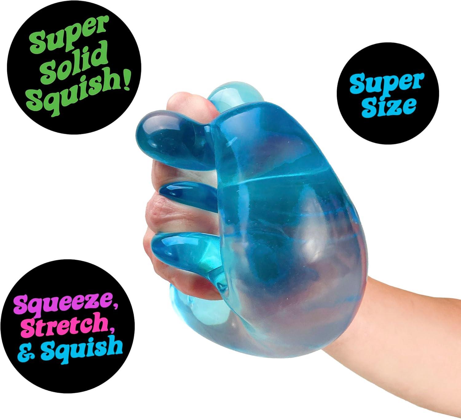 Blue stress ball held in a hand with text labels on a white background
