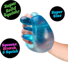 Blue stress ball held in a hand with text labels on a white background