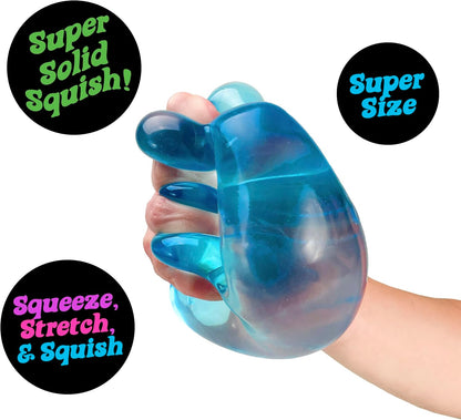Blue stress ball held in a hand with text labels on a white background