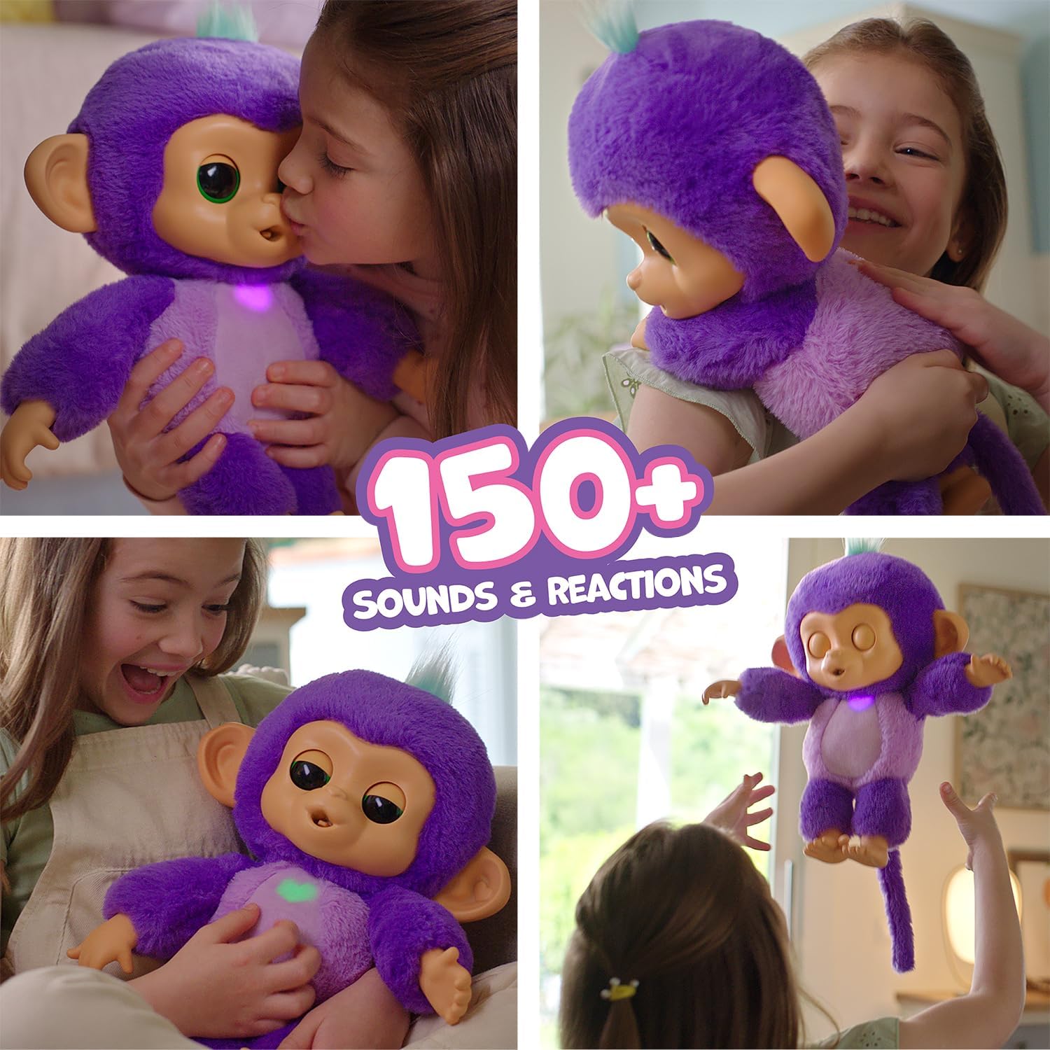 Collage of a child playing with a purple toy monkey, highlighting its features and reactions.