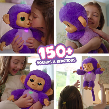 Collage of a child playing with a purple toy monkey, highlighting its features and reactions.