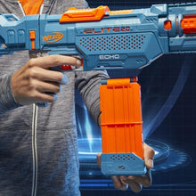 Person holding a blue and orange Nerf gun with 'Elite' branding.