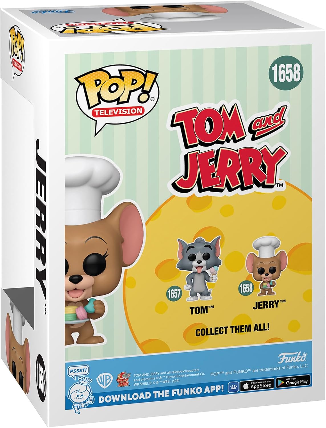 Funko Pop! packaging featuring Tom and Jerry figures on a cheese background