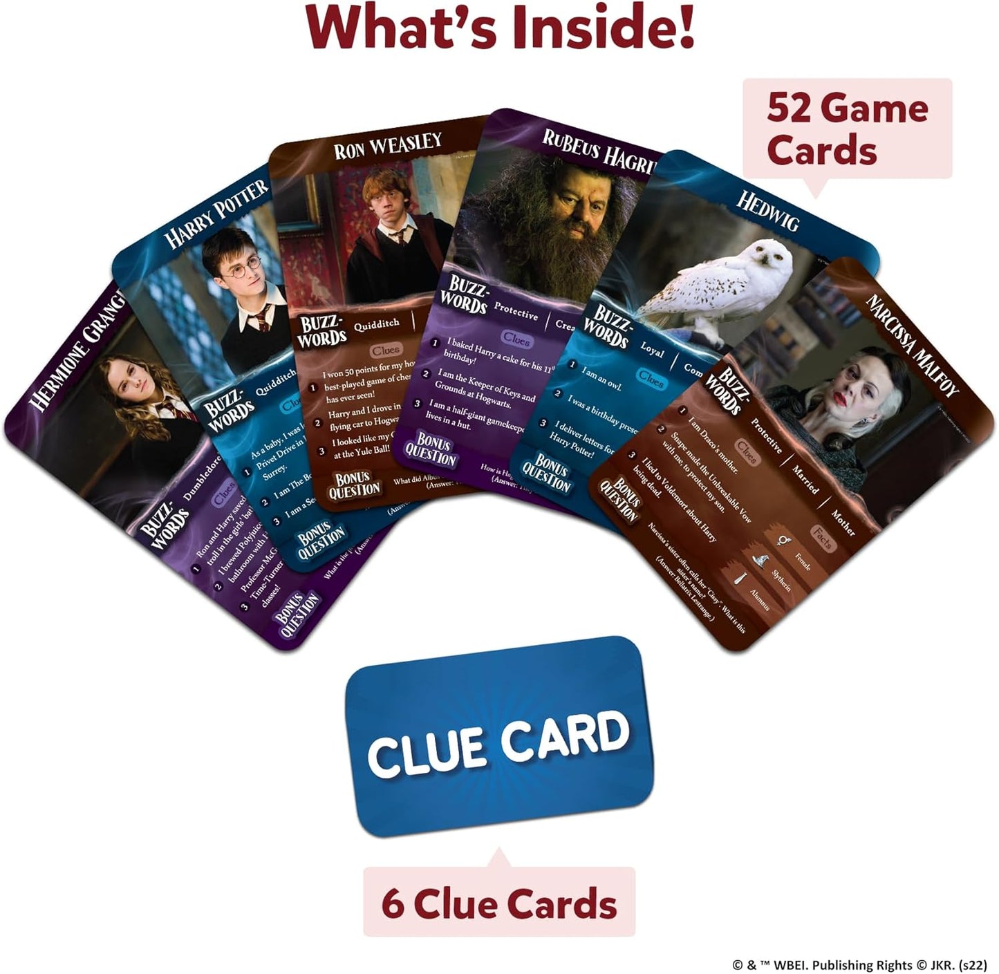 Collection of Harry Potter-themed game cards with images and text on a white background.