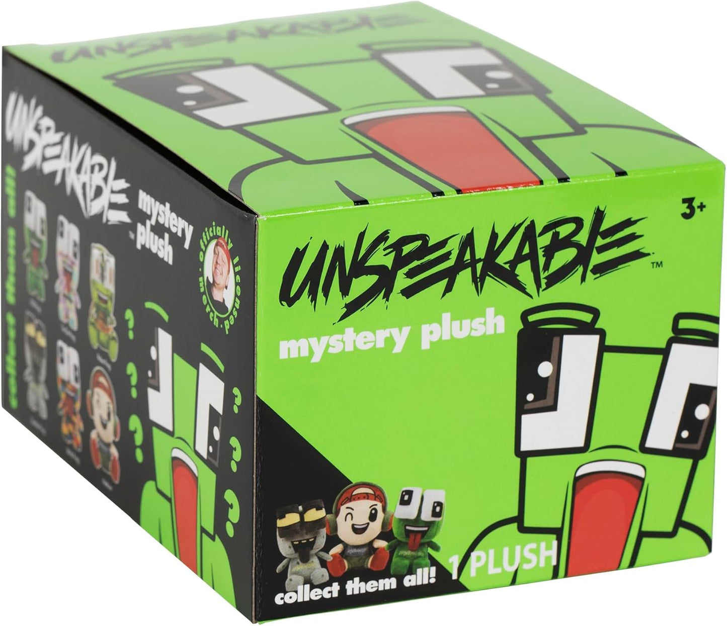 Box of Unspeakable mystery plush toy with green and black design