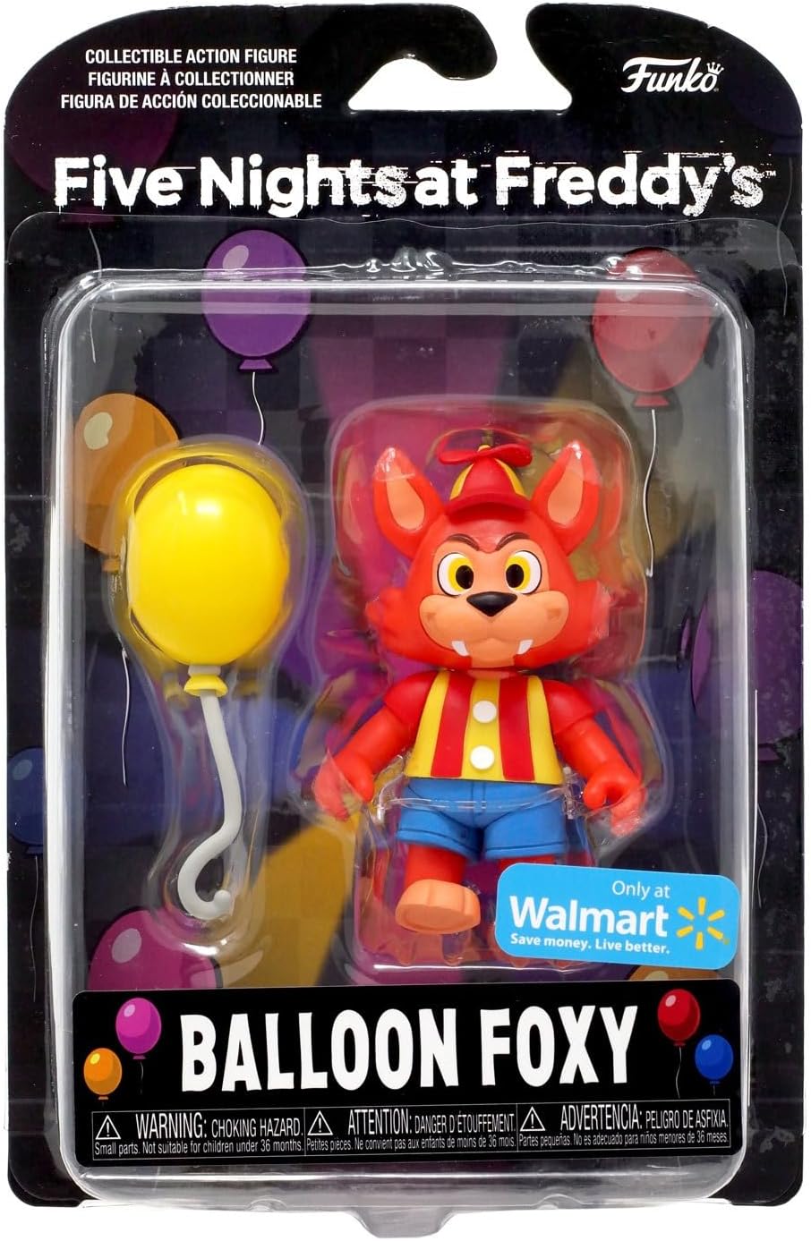 Funko collectible action figure of Balloon Foxy from Five Nights at Freddy's in packaging with Walmart branding.