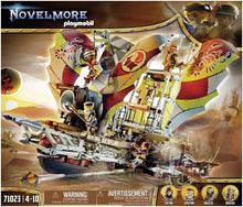 Playmobil Novelmore toy set packaging with a large ship and figures on a desert background.