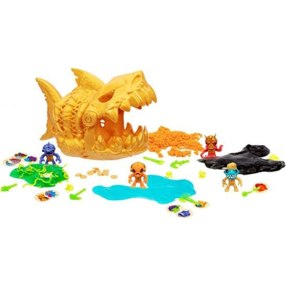 Toy set with a large yellow shark figure and multiple smaller figures on a white background