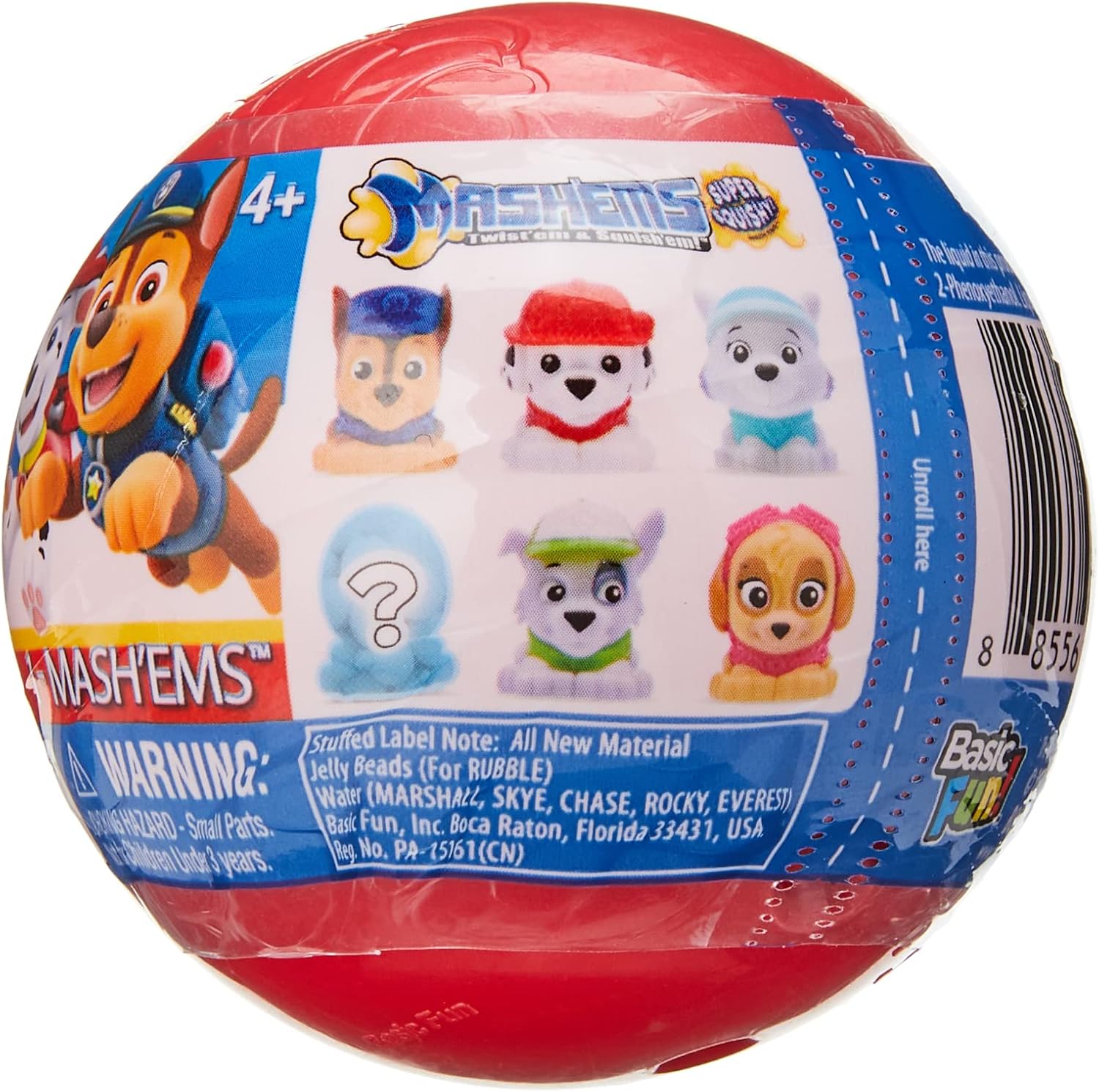 Ball packaging with Paw Patrol Mash'ems characters on a white background