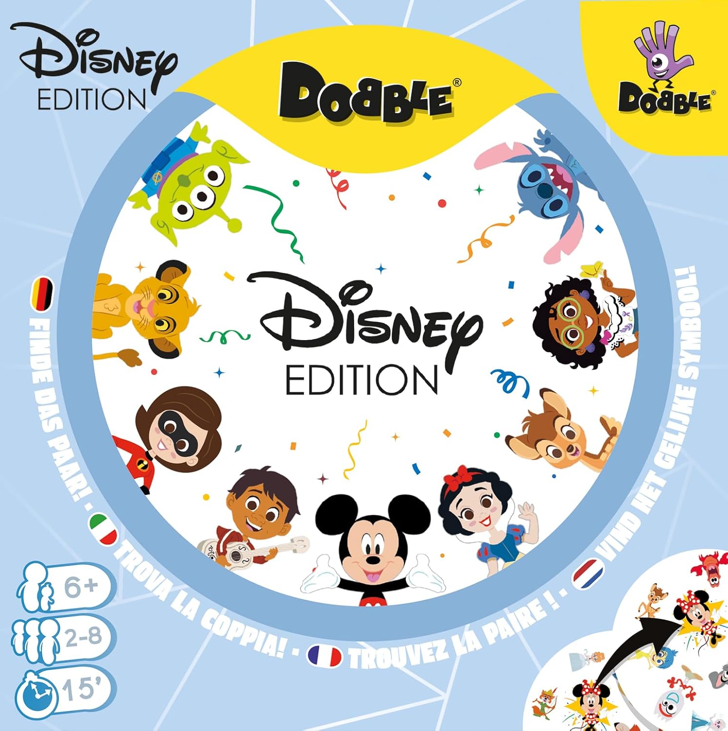 Disney Edition Dobble game box with cartoon characters on a blue background