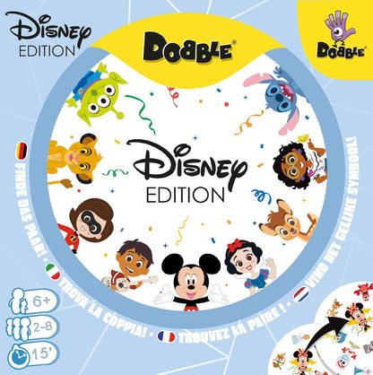 Disney Edition Dobble game box with cartoon characters on a blue background
