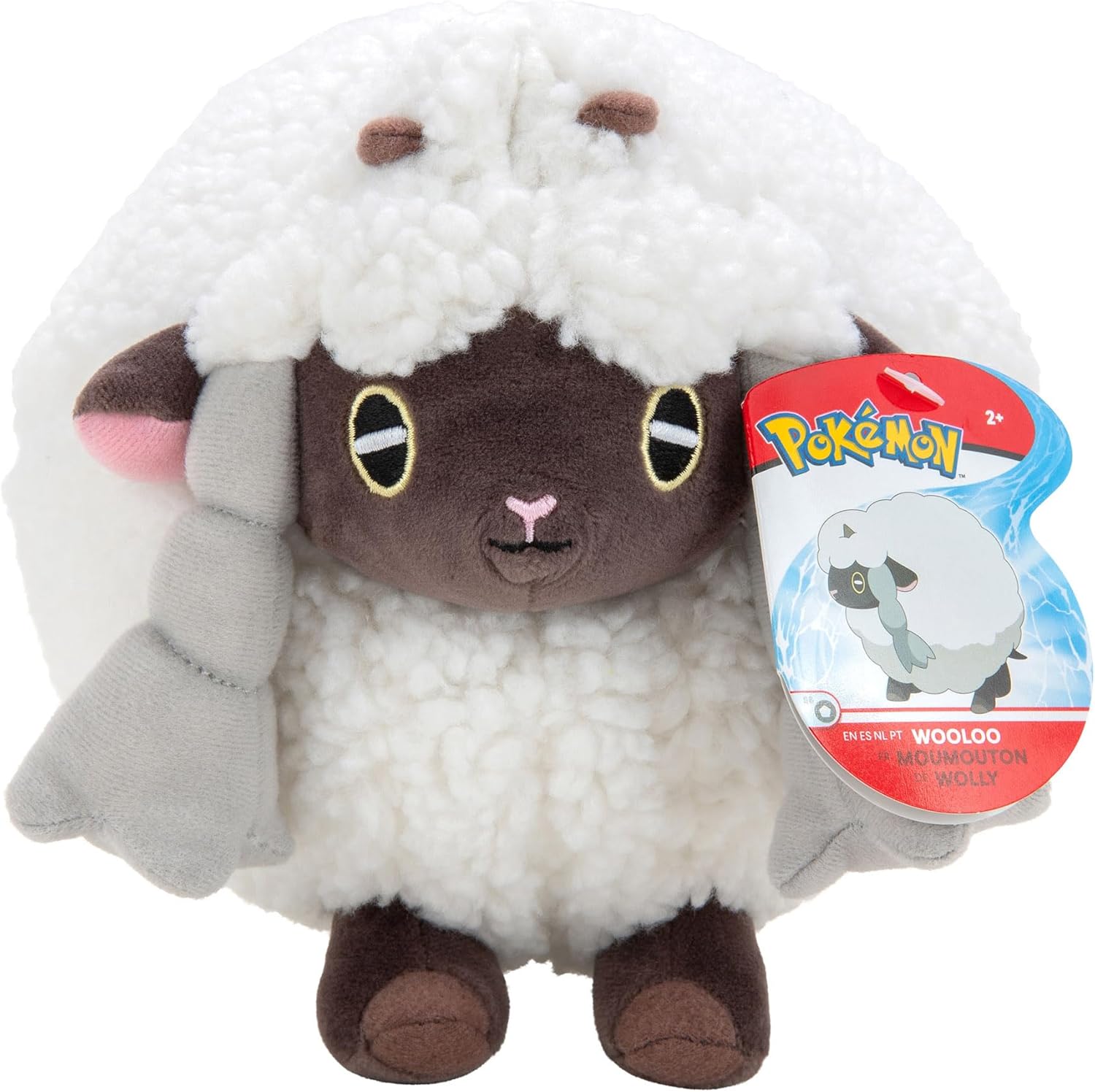 Plush toy of Wooloo from Pokemon with a tag on a white background