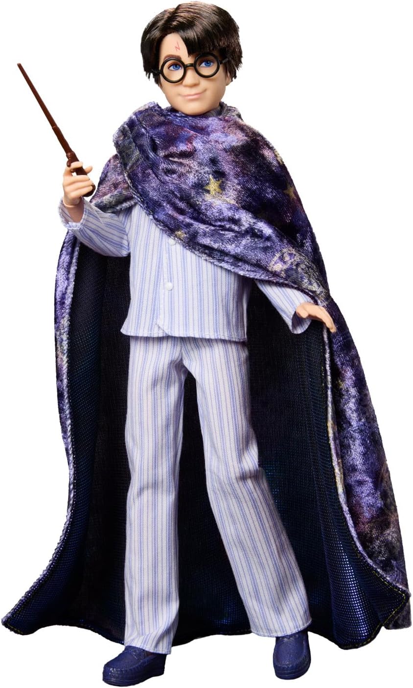 Harry Potter figure of a character in a striped outfit with a cloak and wand on a white background