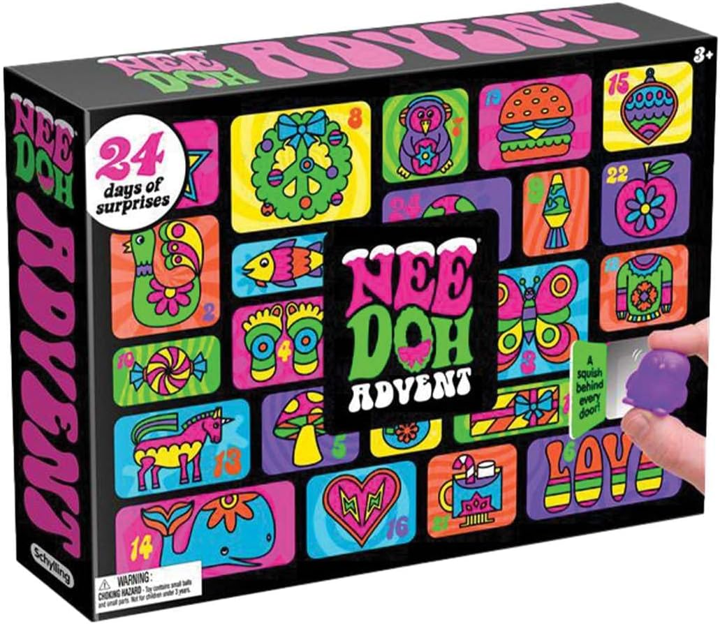 Nee Doh Advent calendar packaging with colorful designs and text.