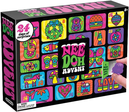 Nee Doh Advent calendar packaging with colorful designs and text.