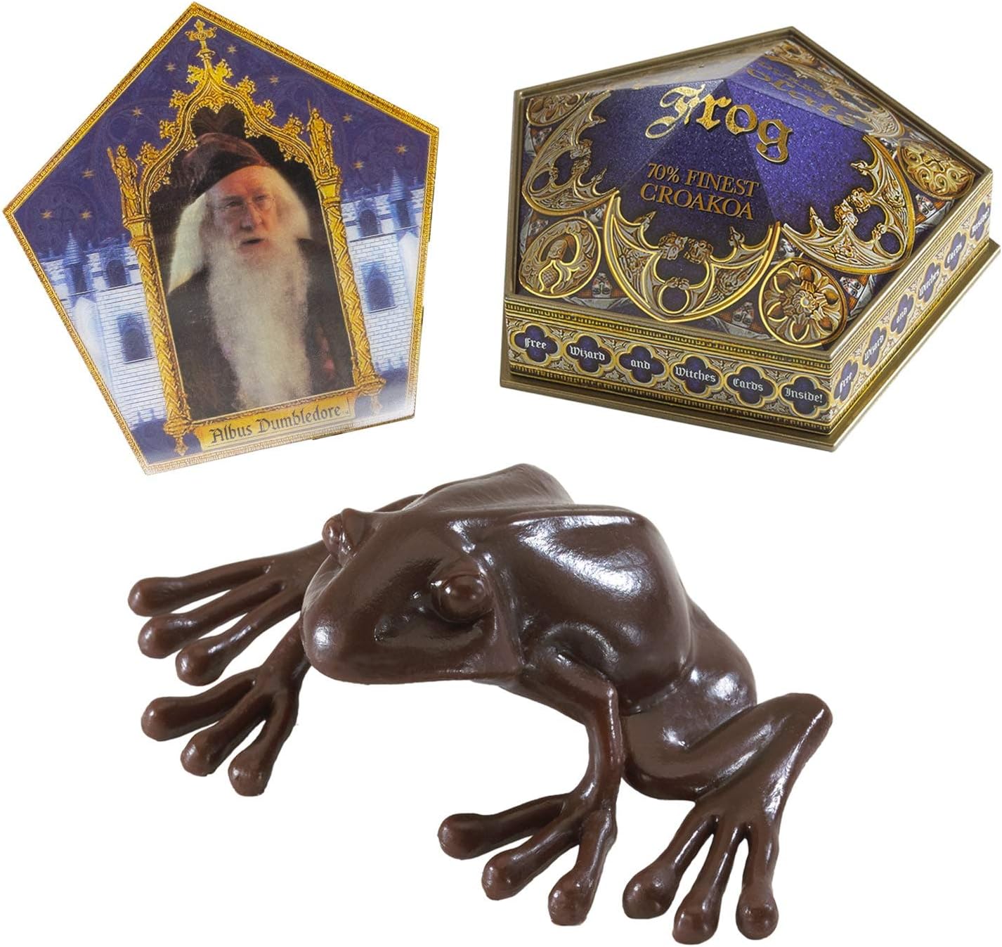 Chocolate frog with packaging featuring a portrait of a wizard, on a white background
