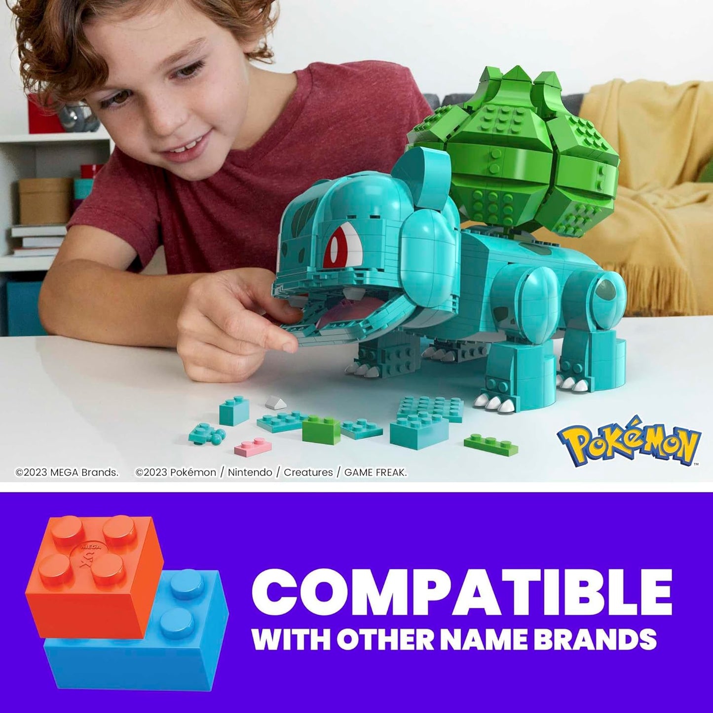 Child playing withBulbasaur, compatible with other name brands, on a white table.