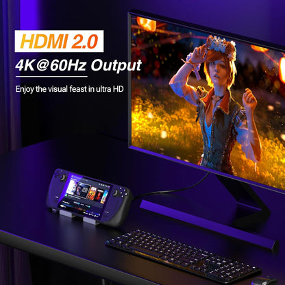 Gaming setup with monitor, controller, and keyboard on a desk, featuring HDMI 2.0 and 4K @60Hz text.