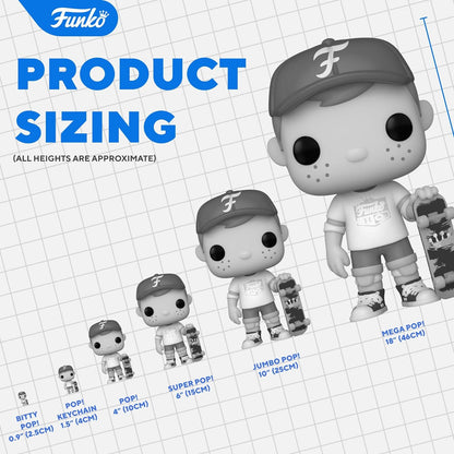 Funko product sizing chart with various sized figures on a grid background