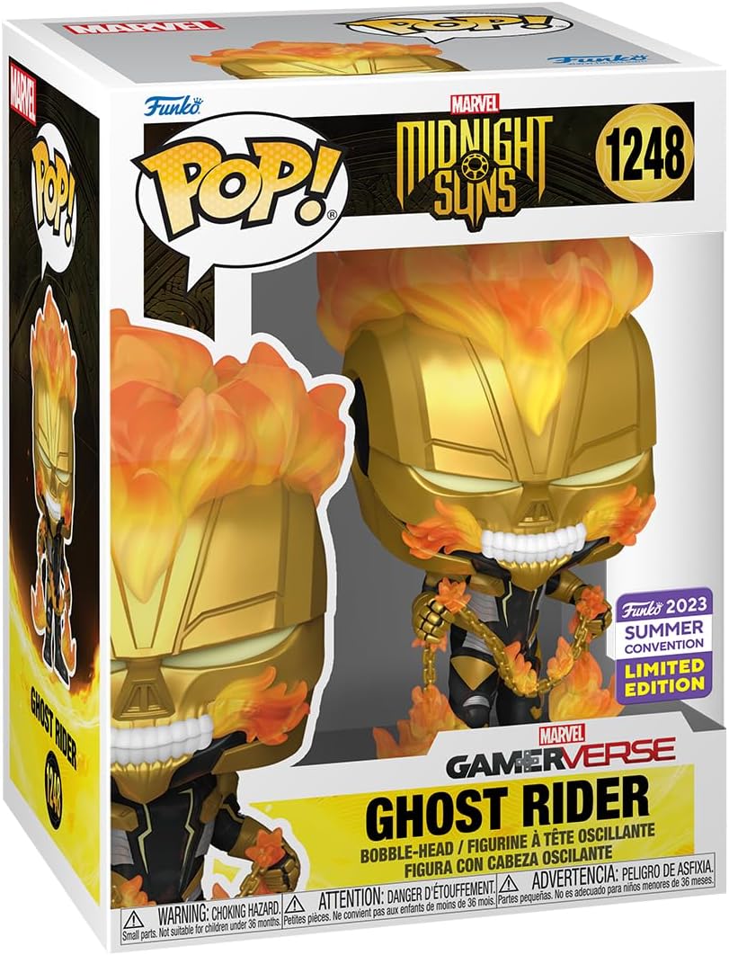 Funko Pop! Ghost Rider figure packaging with 'Midnight Suns' and 'GamerVerse' branding.