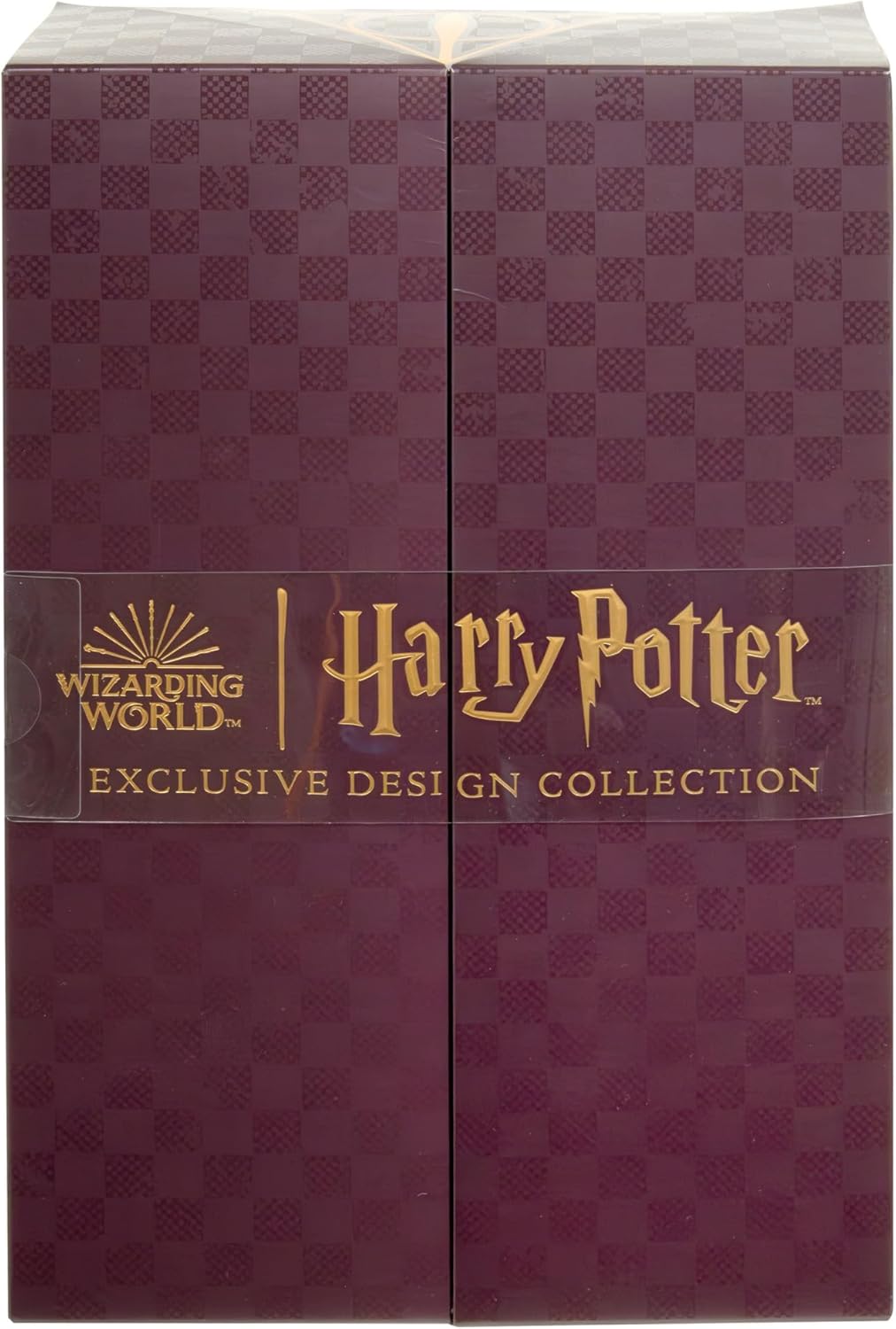 Maroon box with 'Harry Potter' and 'Wizards' World' branding on a checkered background