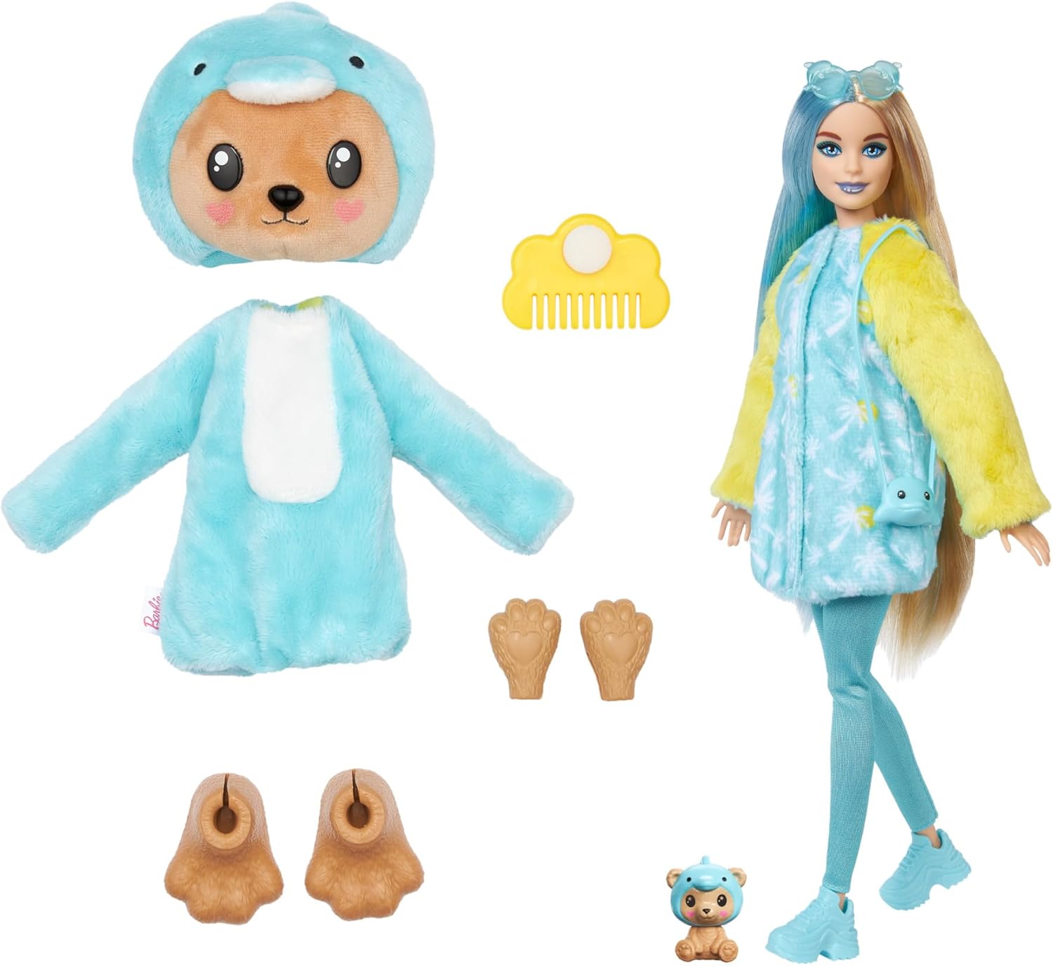 Toy set with a plush toy in a blue outfit, a doll with blue hair and yellow jacket, and accessories on a white background.