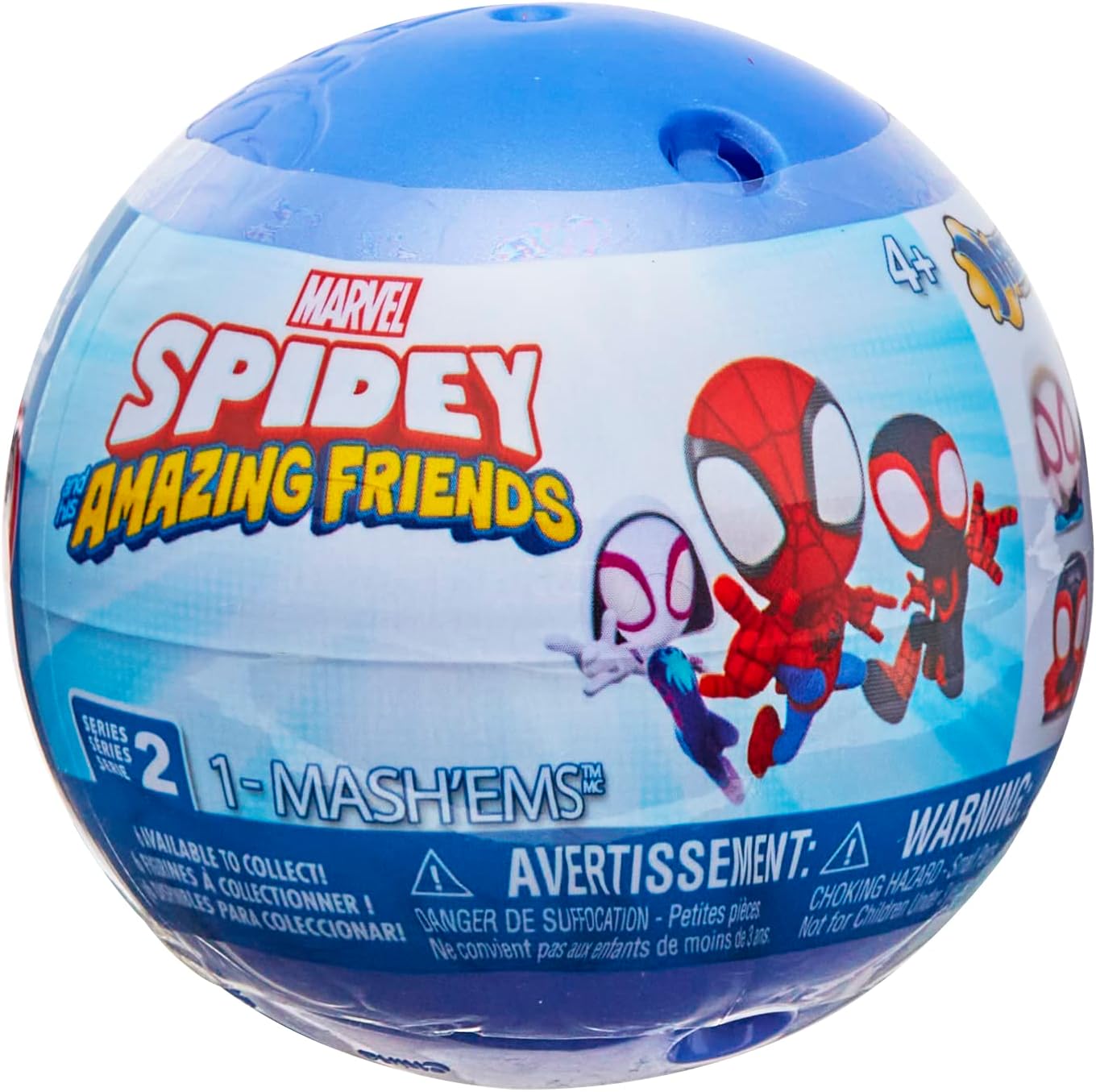 Marvel Spidey and Amazing Friends toy ball packaging with Spider-Man and other characters on a blue background.