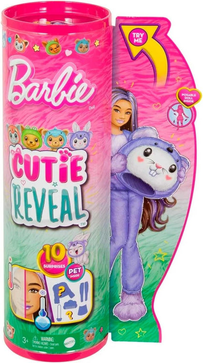 Barbie Cutie Reveal toy packaging with a purple character and colorful design.