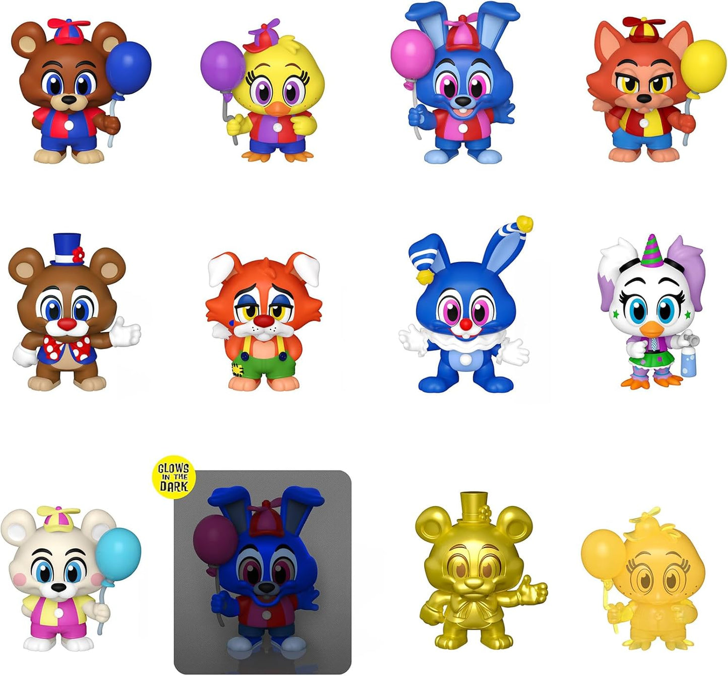 Set of colorful cartoon character figurines on a white background