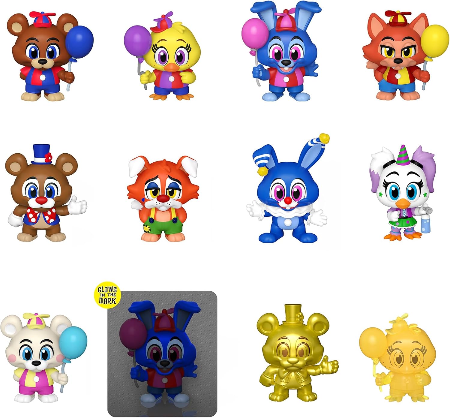 Set of colorful cartoon character figurines on a white background
