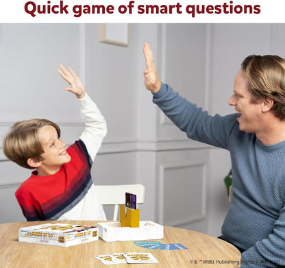 Man and child playing a card game together with text 'Quick game of smart questions'.